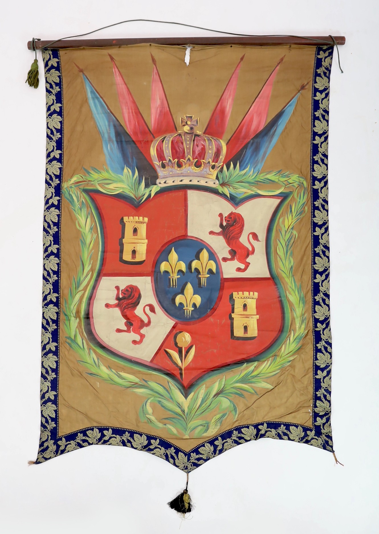 Nine mid 19th century Royal heraldic banners, each approximately 150cms x 50cm